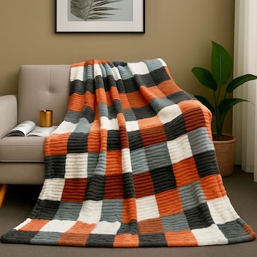 Luxury Striped Soft &amp; Checkered Flannel Fleece Blanket 160x220cm Single Ply Blanket Suitable For All Season, Comfortable, Fluffy, Blanket For Bed And Sofa 800gm