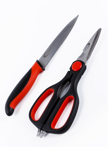 Stainless Steel Shears Kitchen Scissors &amp; Utility Knife 2pc Combo Pack - Red
