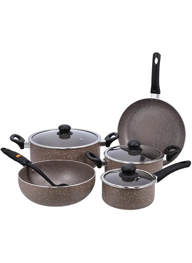 Delcasa Granite Coated Non stick Smart Cookware Set 9Pcs DC1577BGE Induction Compatible 26cm Casserole + Lid 20cm Casserole + Lid, 26cm Frypan, 24cm Wok Pan,16cm Saucepan