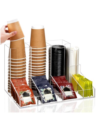 Acrylic Cup and Lid Organizer, 4 Compartments Coffee Station Organizer Condiment Rack Breakroom Accessories Countertop Cup Dispenser for Office, Home, Clear