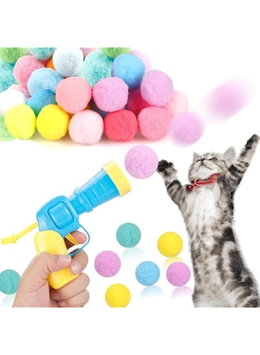 58Pcs Cat Ball Toy Launcher Gun, Cat Balls Fetch Toy, 57Pcs Plush Fuzzy Balls Launcher Cat Toy for Cats with 1 Gun, Funny Interactive Cat Toys for Bored Indoor Adult Cats, Cute Kitten Kitty Toys