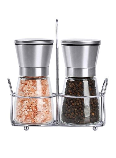 of Salt and Pepper Grinder 2 Pack Salt and Pepper Shakers with Stand Stainless Steel Spice Grinder Mill for Adjustable Coarseness