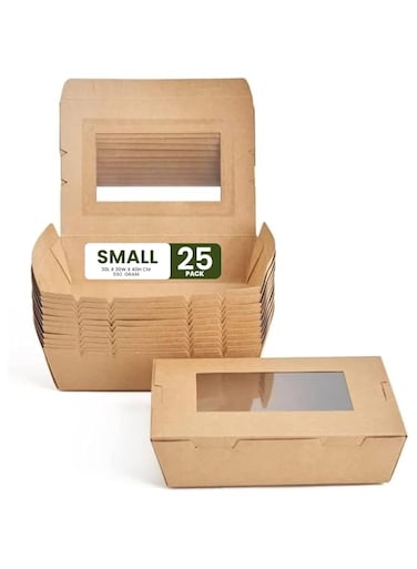ecoway Small Kraft Lunch Box With Window Food Container Made With Craft Paper For Meals &amp; Dessert, Take Away Container, Disposable, Eco-friendly, Compostable, Paperbox Restaurants - Pack Of 25, Brown