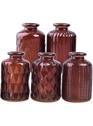 ELEGANTTIME Set of 5 Brown Amber Glass Bud Vase Set Multi Colour Glass Flower Vase Bottle with Crok Wire Handle Design Perfect for Cafes, Office Table, Home and Garden