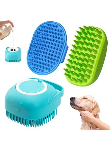 3PCS Dog Bath Brush, Dog Shampoo Brush, Dog Scrubber for Bath, Dog Shower Brush, Dog Bath Supplies, Suitable for Deshedding, Washing &amp; Grooming of Short and Long Haired Pets (Blue Green Blue)