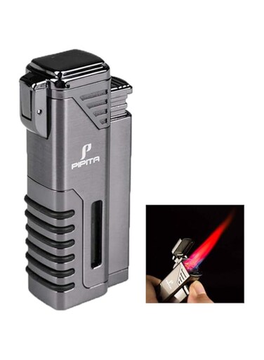 PIPITA Cigar Torch Lighter with Punch, Windproof Butane Gas 4 Torch Jet Red Flame Metal Cigar Lighter Refillable Cigarette Lighter for Home Kitchen Outdoor Use, Gift Package (Silver)