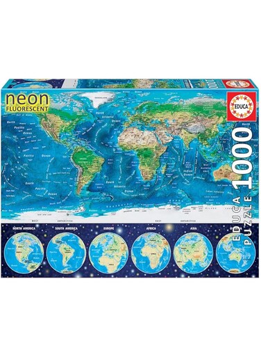 Educa - 1000 piece puzzle for adults   Neon Puzzle Fluorescent Series, 1000 Piece Physical World Map Puzzle, Glow in the Dark (16760)