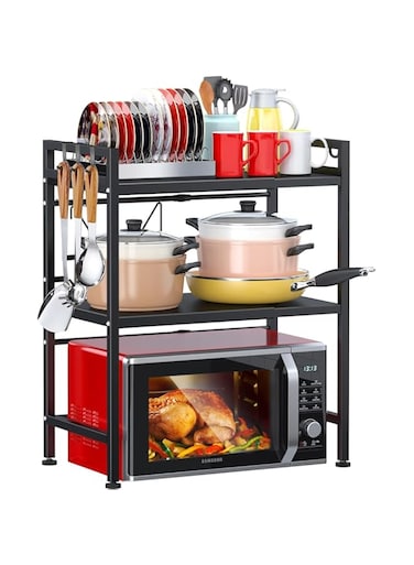 Yoawllty Microwave Stand, 2-Tier Microwave Oven Rack With 6 Hooks, Expandable Horizontal Extension Microwave Shelf, Kitchen Counter Organizer for Toaster Oven Rice Cooker