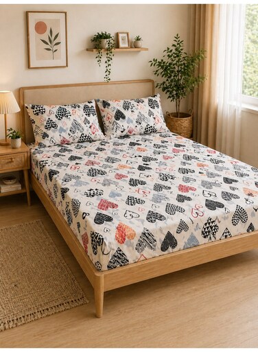 3-Piece Fitted Bedsheet Set, Geometric Heart Pattern, 100% Cotton, 125 GSM, 1 Fitted Sheet + 2 Pillowcases &acirc;&euro;&ldquo; Available in King, Queen and Single Sizes