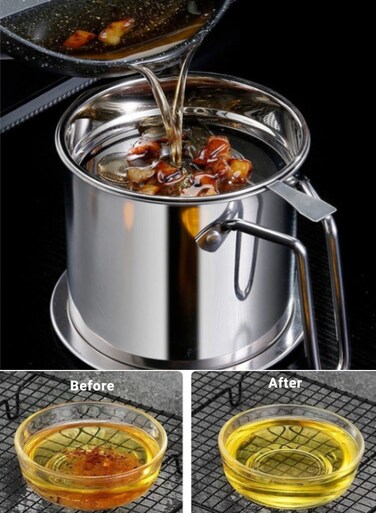 ZYouth Oil Filter Pot, Frying Oil Colander Container, Oil Storage with Lid &amp; Tray, Stainless Steel Filter Pot, Silver,1.3L/1.7L