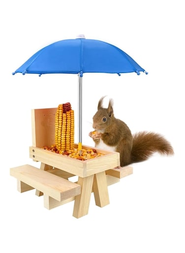 Wooden Squirrel Feeder Table with Umbrella, Squirrel Picnic Table for Outside, Brown Squirrel Feeder with Corn Cob Holder Cute Chipmunk Feeder (Blue Umbrella)