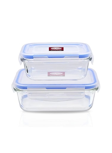 Glass Storage Box With Blue Silicone Lid 2 Pieces Clear 600+400ml
