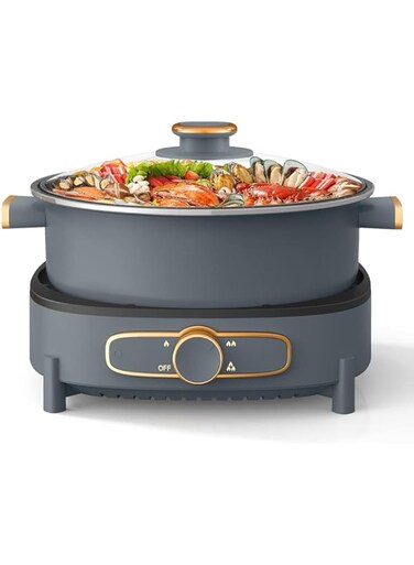 Exrp Electric Shabu Shabu Pot with Removable Pot, 4L Non-Stick Hot Pot Electric with Multi-Power Control, 9cm Depth Electric Pot with Tempered Glass Lid for Party, Family and Friend Gathering