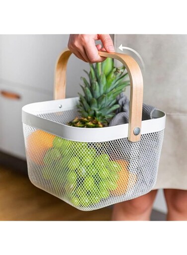 MILLTO Metal Mesh Steel Basket with Bamboo Handle, Garden Harvest Basket for Gathering Vegetables, Multi-Functional Hanging Kitchen Baskets Fruit Basket Bin Storage Organizer Basket (White)