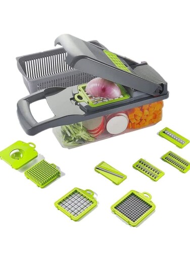 Slicer with Colander Basket and Container Vegetable Chopper with 7 Interchangeable Blades l Durable Cutter Chopper Slicer and Grater