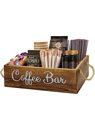 Coffee Station Organizer With Removable Dividers, Wooden Bar Accessories Storage for Countertop, Farmhouse K-Cup Holder Basket With Handle
