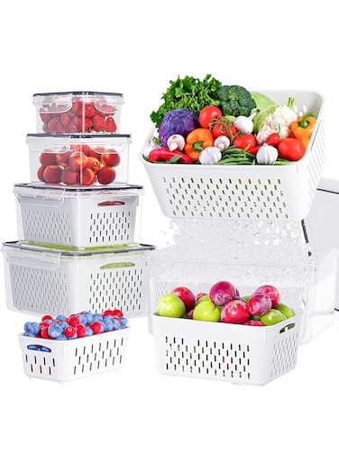 . 5Pcs Fridge Organizers and Storage with Removable Draining Colanders and Lid,Leakproof Fridge Organizer for Fruit Storage Containers,Food Vegetables Salad Berry Lettuce Meat Keeper Fresh