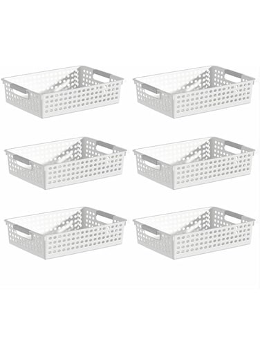 Fohome 6 Pack White Plastic Storage Bins for Shelves,Narrow Small Rectangular Storage Baskets with Non-Slip Handles for Library,Drawers,Office,Kitchen,Bathroom (wide mouth)