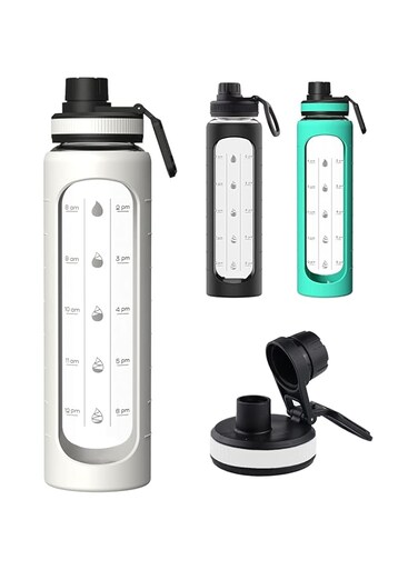 KASTWAVE 32 oz Glass Water Bottle with Time Marks and Silicone Sleeve - Flip Lid, Motivational Water Bottles for Hydration, Reusable, Wide Mouth, Leakproof, 1 Liter Glass Drinking Bottle,BPA Free 1PCS