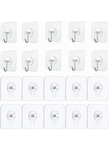 2 Styles Adhesive Hooks Set, 10 pcs+10 pcs Clear Heavy Duty Wall Hooks - Transparent Waterproof Picture Frames Hangers &amp; Utility Hooks, No Nails Drilling for in Home, Bathroom, Kitchen, Office