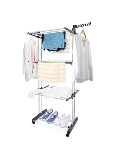 DAYONG Clothes Drying Rack, 3 Tier Clothes Dryer Tower, Folding Clothes Rail, Stainless Steel Laundry Garment Dryer Stand with Two Side Wings (Gray)
