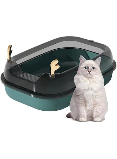 TEER Cat litter Box Oversized Splash-Proof Semi-Closed Large, Cat Litter Box With Cat Litter Spoon, Kitten Cat Toilet Cat Supplies, Suitable For All Kinds Of Cat Litter (Green)