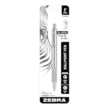 Zebra Pen F-701 Retractable Ballpoint Pen, Stainless Steel Barrel, Fine Point, 0.8Mm, Black Ink, 1-Pack