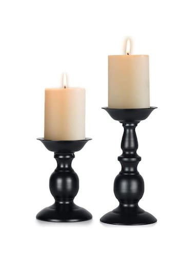 Nuptio Black Candle Holder for Pillar Candles - 2 Pcs Rustic Candle Holders Set Metal Candle Stand Tall Retro Fall Pillar Candleholder for Halloween Easter Farmhouse Fireplace Home Table Centerpiece