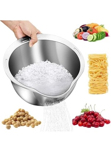 Rice Washer Strainer Bowl - 4-in-1 Washing Bowl for Quinoa, Stainless Steel Rinser With Side Drainers Small Colander for Cleaning Fruits, Vegetables, and Beans - Versatile Kitchen Tool