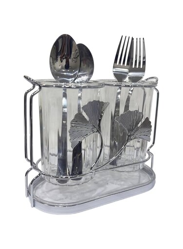 ECVV Kitchen Utensil Holder for Countertop 2 Cups with Silver Iron Frame Cooking Utensil Crock Chic and Modern Cutlery Caddy Utensil Pot for Counter for Fork Spoon Knife Spatula Flatware Silverware.