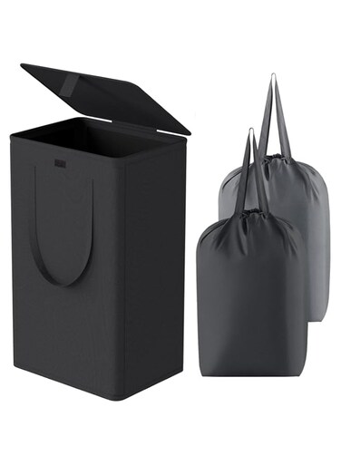 WOWLIVE 100L Laundry Hamper with Lid, Large Foldbale Laundry Basket with 2 Removable Bags and Handles, Tall Collapsible Dirty Clothes Hamper for Laundry Room, Bathroom, Dorm (Black)