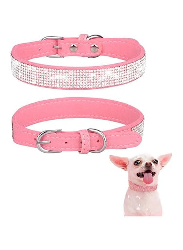 Xspring Dog Collars for Small Dogs, 2PCS Colorful Bling Dog Collar with 5 Adjustable Eyelets, Pink Dog Collar with Rhinestone Crystal Diamond, Puppy Dog Collar for Small Girl Female Dog Cat