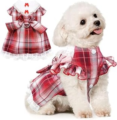 KASTWAVE Plaid Dog Dress for Small Dogs Cats Bowknot Girl Dog Clothes with D-Ring Cute Princess Pet Puppy Dresses Spring Summer Pet Outfits for Chihuahua Yorkies Shih Tzu（Medium）
