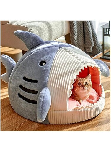 WHFEVDFY Cat House Cat Bed, Cat Cave Shark Shape, Semi-Enclosed Cat Beds for Indoor Cats, With Anti-Slip Bottom and Removable Washable Cushion, Sleep Soft Comfortable, for All Size Cats and Small Dogs