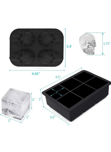 Pack 6 Grid Square And Skull Shaped Ice Cube Mold Black