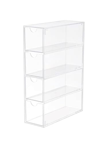 Sunomy Plastic Kitchen Pantry, Cabinet, Countertop Organizer Storage Station with 4 Drawers for Coffee, Tea, Sugar Packets, Sweeteners, Creamers, Drink Pods, Packets - 4 Sections - Clear