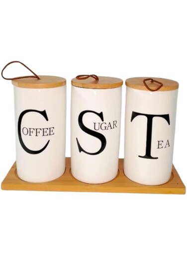 DeHaven 3-Piece [900ML] White Ceramic Kitchen Storage Canisters with Bamboo Lids, Round Containers for Tea, Coffee, Sugar, Food Storage Jars with Tray