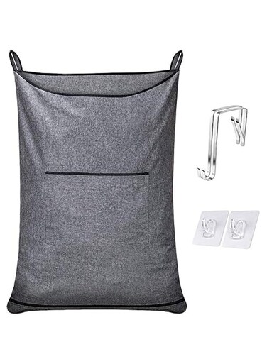 KINGSUSLAY Foldable Laundry Hamper, XL Hanging Hamper with Large Openging,Space Saving Storage Bag,Over the Door Hamper with Haning Hooks（89x56CM, Pop Heath Grey)