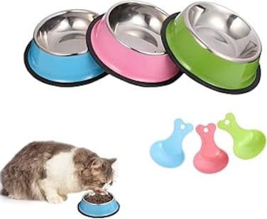 Azonee 3 Piece Cat Food Bowl, Stainless Steel Cat Bowl Set Feeding Bowl with 3 Food Scoops Cat Food Bowl Water Feeding Bowl with a Bowl Mat (Blue, Pink, Green)