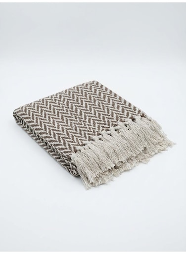 130 x 160 cm Cotton Mocha Brown Chevron Herringbone Throw Blanket 400GSM Decorative Fringed Boho Sofa Cover and Bed Runner