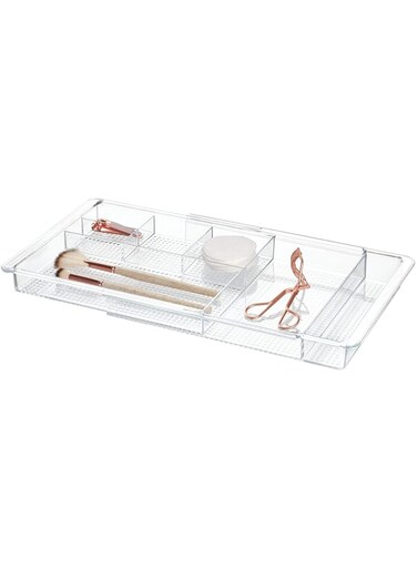 iDesign 38280EU Clarity Extendable Cosmetics Organiser, Adjustable plastic Drawer Organiser Tray, Clear