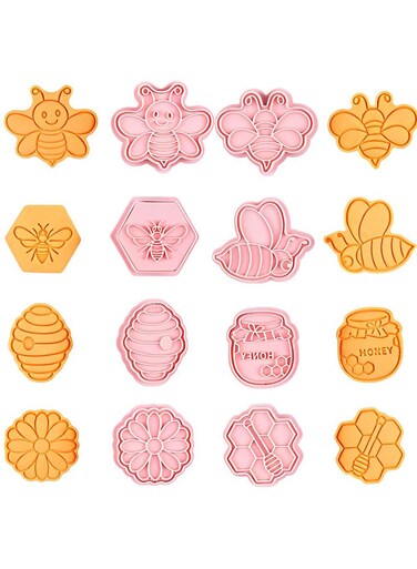 seven Bee Festival Theme Cookie Stamps &amp; Cutters Set - 8PCS 3D Bee Shape Mold for DIY Baking Snacks. Create Buzzworthy Biscuits with Bee-Themed Cookie Supplies.