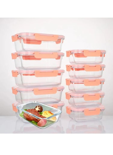 Glass Meal Prep Containers (10 pcs Rectangle Glass Food Storage Containers with Lids Glass Lunch Box Portion Control Airtight Glass Bento Box Lunch Containers 10P Rectangle Pink