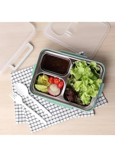 Cleany Genie SUPERLOCK Stainless Steel Lunch Box, 850 ML, 3 Compartments with Cutlery, Mint Green