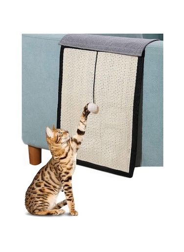 ORiTi Cat Scratch Pad 2 in 1 Use Cat Scratching Mat &amp; Natural Sisal Fabric Sofa Shield Furniture Protector Pad Durable &amp; Washable Sisal Thin Scratcher Mat with Velcro Pins with One Cute Ball 110*30cm