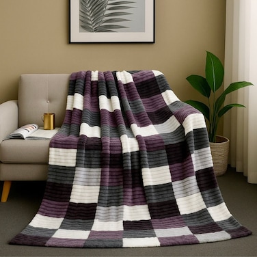 Luxury Striped Soft &amp; Checkered Flannel Fleece Blanket 160x220cm Single Ply Blanket Suitable For All Season, Comfortable, Fluffy, Blanket For Bed And Sofa 800gm