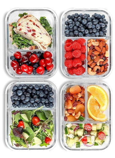 4 Pack, 35 oz( 2 &amp; 3 Compartment) Glass Meal Prep Containers Glass Food Storage Containers with Lids, Lunch Containers Portion Control, Airtight,microwave oven safe