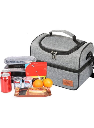 Lunch Box Insulated Bag, 15L Upgraded Thermal Bento Bag with Strap Handles, Large Cooler Tote Bag, Double Deck Cooler for Office, Picnic, Travel&amp; Outdoor Container for School Kids, Grey