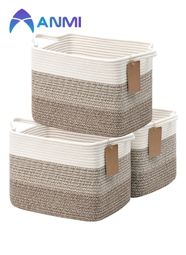 3 Pack Woven Basket, Storage Baskets for Shelves, Small Laundry Basket , Toy Baskets Storage Kids, Towel Baskets for Bedroom, Living Room, 13 x 10 x 9 Inches, White &amp; Brown