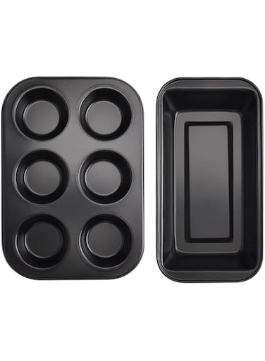 2 PCS, 6 Cups Cupcake Tray + Loaf Pans, Nonstick Brownie Cake Pan, Carbon Steel Bakeware for Oven Baking Muffin Tray Tool Mold